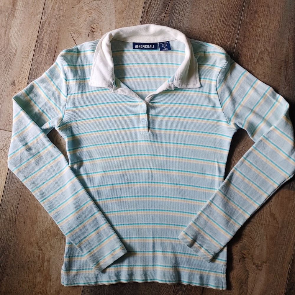 Aeropostale Vintage Y2K Striped Polo Shirt Womens Large Blue Ribbed Long Sleeve